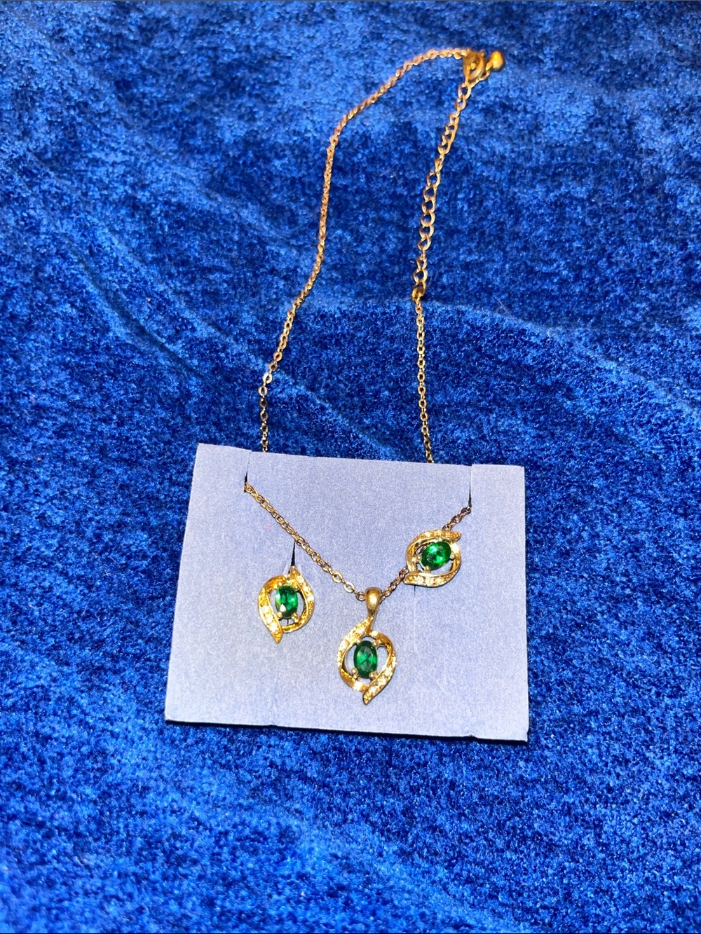 Avon Gold-Tone Necklace and Earrings Set with Emerald Green Stones